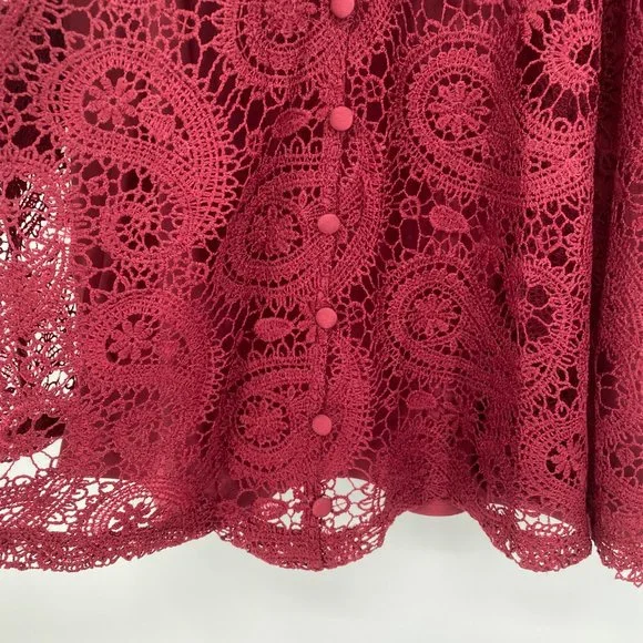 Aqua NWT Lace Button Front Long Sleeve Mock Neck Mini Dress Burgundy Medium New - Picture 5 of 12